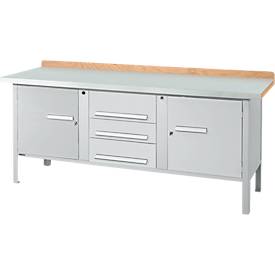 Kastenwerkbank Schäfer Shop Select PW 200-4, Buche Multiplexplatte, mit Stahlabdeckung, bis 750 kg, B 2000 x T 700 x H 840 mm, Weißaluminium