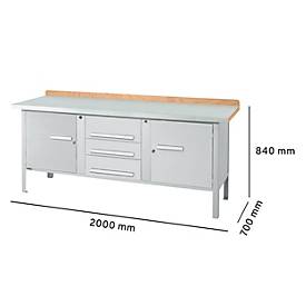 Kastenwerkbank Schäfer Shop Select PW 200-4, Buche Multiplexplatte, mit Stahlabdeckung, bis 750 kg, B 2000 x T 700 x H 840 mm, Weißaluminium