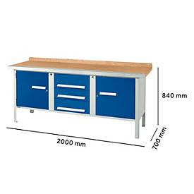 Kastenwerkbank Schäfer Shop Select PW 200-4, Buche Multiplexplatte, mit Stahlkante, bis 750 kg, B 2000 x T 700 x H 840 mm, Enzianblau