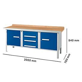 Kastenwerkbank Schäfer Shop Select PW 200-4, Buche Multiplexplatte, mit Stahlkante, bis 750 kg, B 2000 x T 700 x H 840 mm, Enzianblau