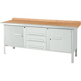 Kastenwerkbank Schäfer Shop Select PW 200-4, Buche Multiplexplatte, mit Stahlkante, bis 750 kg, B 2000 x T 700 x H 840 mm, Lichtgrau