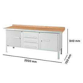 Kastenwerkbank Schäfer Shop Select PW 200-4, Buche Multiplexplatte, mit Stahlkante, bis 750 kg, B 2000 x T 700 x H 840 mm, Lichtgrau