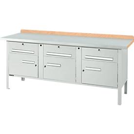 Kastenwerkbank Schäfer Shop Select PW 200-5, Buche Multiplexplatte, mit Stahlabdeckung, bis 750 kg, B 2000 x T 700 x H 840 mm, Lichtgrau