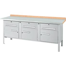 Kastenwerkbank Schäfer Shop Select PW 200-5, Buche Multiplexplatte, mit Stahlabdeckung, bis 750 kg, B 2000 x T 700 x H 840 mm, Weißaluminium