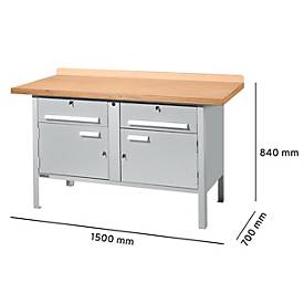 Kastenwerkbank Schäfer Shop Select PWi 150-0, Buche Multiplexplatte, bis 750 kg, B 1500 x T 700 x H 840 mm, Weißaluminium