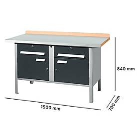 Kastenwerkbank Schäfer Shop Select PWi 150-0, Buche Multiplexplatte, mit Stahlabdeckung, bis 750 kg, B 1500 x T 700 x H 840 mm, Anthrazit