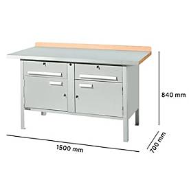 Kastenwerkbank Schäfer Shop Select PWi 150-0, Buche Multiplexplatte, mit Stahlabdeckung, bis 750 kg, B 1500 x T 700 x H 840 mm, Lichtgrau