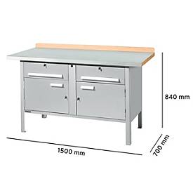 Kastenwerkbank Schäfer Shop Select PWi 150-0, Buche Multiplexplatte, mit Stahlabdeckung, bis 750 kg, B 1500 x T 700 x H 840 mm, Weißaluminium