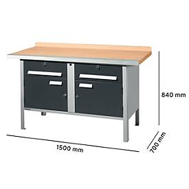 Kastenwerkbank Schäfer Shop Select PWi 150-0, Buche Multiplexplatte, mit Stahlkante, bis 750 kg, B 1500 x T 700 x H 840 mm, Anthrazit