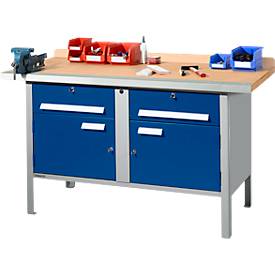 Kastenwerkbank Schäfer Shop Select PWi 150-0, Buche Multiplexplatte, mit Stahlkante, bis 750 kg, B 1500 x T 700 x H 840 mm, Enzianblau