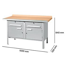 Kastenwerkbank Schäfer Shop Select PWi 150-0, Buche Multiplexplatte, mit Stahlkante, bis 750 kg, B 1500 x T 700 x H 840 mm, Weißaluminium