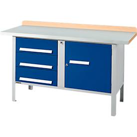 Kastenwerkbank Schäfer Shop Select PWi 150-4, Buche Multiplexplatte, mit Stahlabdeckung, bis 750 kg, B 1500 x T 700 x H 840 mm, Enzianblau
