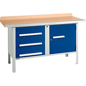 Kastenwerkbank Schäfer Shop Select PWi 150-4, Buche Multiplexplatte, mit Stahlkante, bis 750 kg, B 1500 x T 700 x H 840 mm, Enzianblau