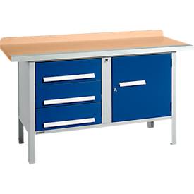 Kastenwerkbank Schäfer Shop Select PWi 150-4, Buche Multiplexplatte, mit Stahlkante, bis 750 kg, B 1500 x T 700 x H 840 mm, Enzianblau