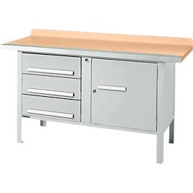Kastenwerkbank Schäfer Shop Select PWi 150-4, Buche Multiplexplatte, mit Stahlkante, bis 750 kg, B 1500 x T 700 x H 840 mm, Lichtgrau