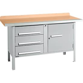 Kastenwerkbank Schäfer Shop Select PWi 150-4, Buche Multiplexplatte, mit Stahlkante, bis 750 kg, B 1500 x T 700 x H 840 mm, Weißaluminium