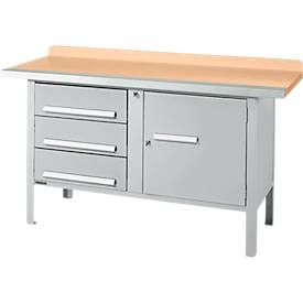 Kastenwerkbank Schäfer Shop Select PWi 150-4, Buche Multiplexplatte, mit Stahlkante, bis 750 kg, B 1500 x T 700 x H 840 mm, Weißaluminium