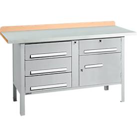 Kastenwerkbank Schäfer Shop Select PWi 150-5, Buche Multiplexplatte, mit Stahlabdeckung, bis 750 kg, B 1500 x T 700 x H 840 mm, Weißaluminium