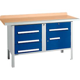 Kastenwerkbank Schäfer Shop Select PWi 150-5, Buche Multiplexplatte, mit Stahlkante, bis 750 kg, B 1500 x T 700 x H 840 mm, Enzianblau