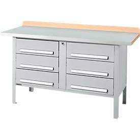 Kastenwerkbank Schäfer Shop Select PWi 150-6, Buche Multiplexplatte, mit Stahlabdeckung, bis 750 kg, B 1500 x T 700 x H 840 mm, Weißaluminium