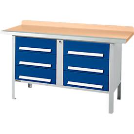 Kastenwerkbank Schäfer Shop Select PWi 150-6, Buche Multiplexplatte, mit Stahlkante, bis 750 kg, B 1500 x T 700 x H 840 mm, Enzianblau