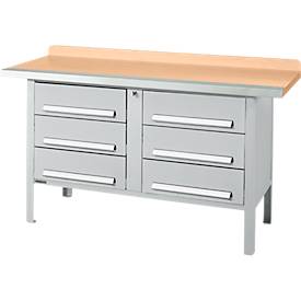 Kastenwerkbank Schäfer Shop Select PWi 150-6, Buche Multiplexplatte, mit Stahlkante, bis 750 kg, B 1500 x T 700 x H 840 mm, Weißaluminium