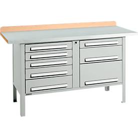 Kastenwerkbank Schäfer Shop Select PWi 150-8, Buche Multiplexplatte, mit Stahlabdeckung, bis 750 kg, B 1500 x T 700 x H 840 mm, Lichtgrau