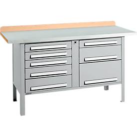 Kastenwerkbank Schäfer Shop Select PWi 150-8, Buche Multiplexplatte, mit Stahlabdeckung, bis 750 kg, B 1500 x T 700 x H 840 mm, Weißaluminium