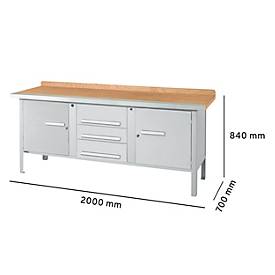 Kastenwerkbank Schäfer Shop Select PWi 200-4, Buche Multiplexplatte, mit Stahlkante, bis 750 kg, B 2000 x T 700 x H 840 mm, Weißaluminium