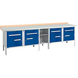 Kastenwerkbank Schäfer Shop Select PWi 300-0, Buche Multiplexplatte, mit Stahlabdeckung, bis 750 kg, B 3000 x T 700 x H 840 mm, Enzianblau
