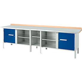 Kastenwerkbank Schäfer Shop Select PWi 300-1, Buche Multiplexplatte, mit Stahlabdeckung, bis 750 kg, B 3000 x T 700 x H 840 mm, Enzianblau