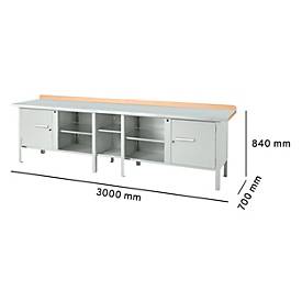 Kastenwerkbank Schäfer Shop Select PWi 300-1, Buche Multiplexplatte, mit Stahlabdeckung, bis 750 kg, B 3000 x T 700 x H 840 mm, Lichtgrau