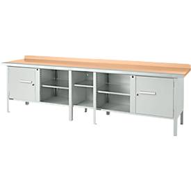 Kastenwerkbank Schäfer Shop Select PWi 300-1, Buche Multiplexplatte, mit Stahlkante, bis 750 kg, B 3000 x T 700 x H 840 mm, Lichtgrau