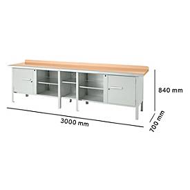 Kastenwerkbank Schäfer Shop Select PWi 300-1, Buche Multiplexplatte, mit Stahlkante, bis 750 kg, B 3000 x T 700 x H 840 mm, Lichtgrau