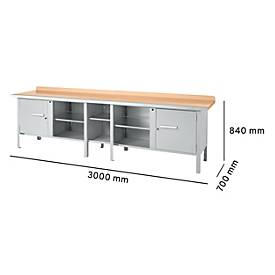 Kastenwerkbank Schäfer Shop Select PWi 300-1, Buche Multiplexplatte, mit Stahlkante, bis 750 kg, B 3000 x T 700 x H 840 mm, Weißaluminium