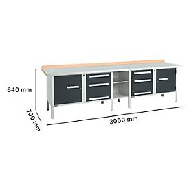 Kastenwerkbank Schäfer Shop Select PWi 300-2, Buche Multiplexplatte, mit Stahlabdeckung, bis 750 kg, B 3000 x T 700 x H 840 mm, Anthrazit