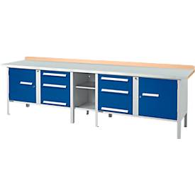 Kastenwerkbank Schäfer Shop Select PWi 300-2, Buche Multiplexplatte, mit Stahlabdeckung, bis 750 kg, B 3000 x T 700 x H 840 mm, Enzianblau