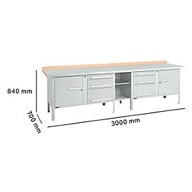 Kastenwerkbank Schäfer Shop Select PWi 300-2, Buche Multiplexplatte, mit Stahlabdeckung, bis 750 kg, B 3000 x T 700 x H 840 mm, Lichtgrau