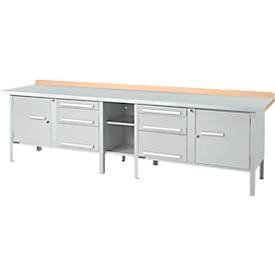 Kastenwerkbank Schäfer Shop Select PWi 300-2, Buche Multiplexplatte, mit Stahlabdeckung, bis 750 kg, B 3000 x T 700 x H 840 mm, Weißaluminium