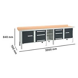 Kastenwerkbank Schäfer Shop Select PWi 300-2, Buche Multiplexplatte, mit Stahlkante, bis 750 kg, B 3000 x T 700 x H 840 mm, Anthrazit