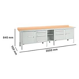 Kastenwerkbank Schäfer Shop Select PWi 300-2, Buche Multiplexplatte, mit Stahlkante, bis 750 kg, B 3000 x T 700 x H 840 mm, Lichtgrau