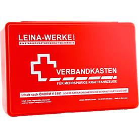 KFZ-Verbandkasten ÖNORM, Polypropylen, rot, B 255 x T 80 x H 166 mm, Inhalt für mehrspurige Fahrzeuge gem. ÖNORM V 5101