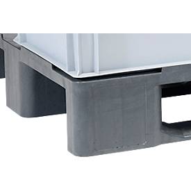 KiKA Kunststoffpalette V2000-SK-D/SKR-D, B 1200 x L 800 mm, PP-RE, 3 Kufen, 4-seitig, durchbrochenes Deck, 6000/2000 kg, schwarz, mit Rand