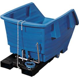 Kippbehälter, Polyethylen, blau, B 960 x T 1530 x H 790 mm, 500 l, Schüttkanthöhe 420 mm, bis 150 kg, Kipp-Arretierungsvorrichtung