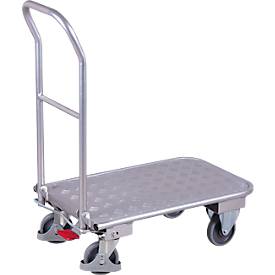 Klappbügelwagen, Aluminium/ Riffelblech, alusilber, L 720 x B 450 mm, klappbarer mit Querstrebe, TPE-Rollen mit EasySTOP, bis 150 kg