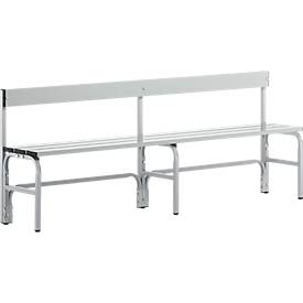 Kleedkamerbank, stalen buis/aluminium, enkel met rugleuning, 2000 mm lang, blank aluminium