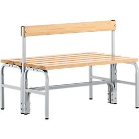 Kleedkamerbank, stalen buizen/hout, dubbel, met rugleuning, L 1015 mm, blank aluminium