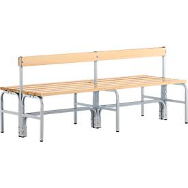 Kleedkamerbank, stalen buizen/hout, dubbel, met rugleuning, L 1500 mm, blank aluminium