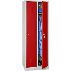 Kleiderspind, 2 Türen, B 800 x H 1800 mm, Vorhängeschloss, lichtgrau/rot
