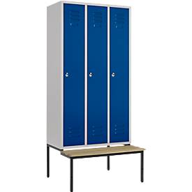 Kleiderspind, 3 Abt., 300 mm, Drehriegelverschluss, m. Sitzbank, Tür enzianblau